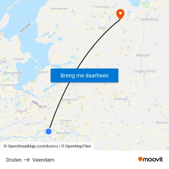 Druten to Veendam map