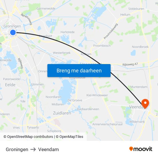 Groningen to Veendam map