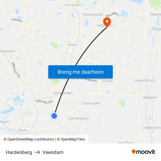 Hardenberg to Veendam map
