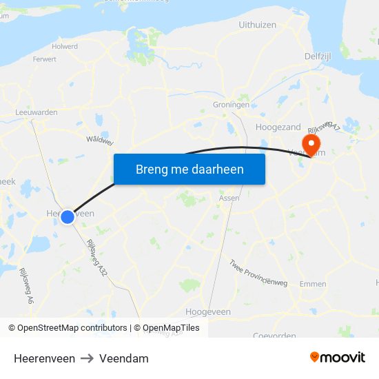 Heerenveen to Veendam map