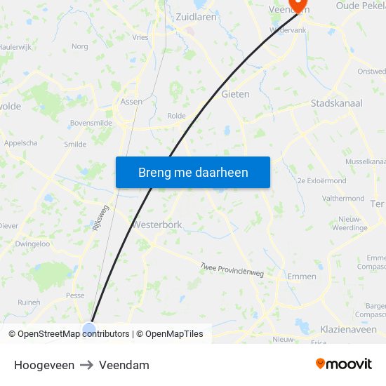 Hoogeveen to Veendam map
