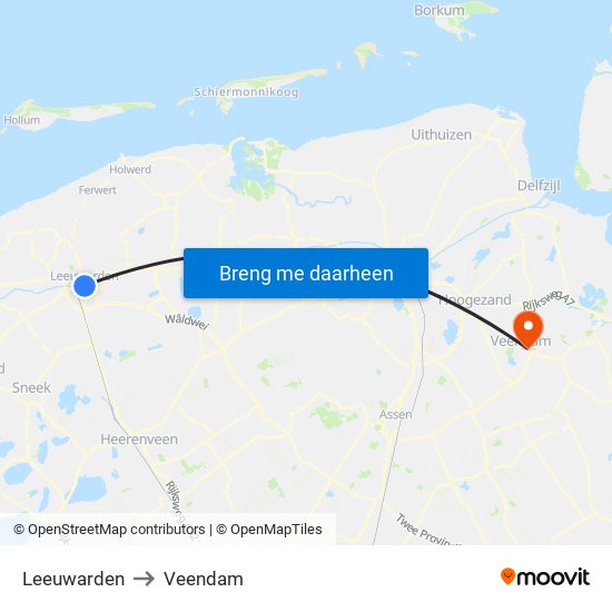 Leeuwarden to Veendam map