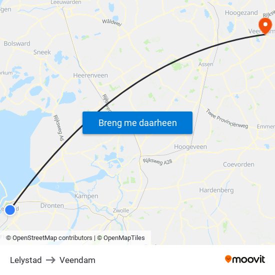 Lelystad to Veendam map