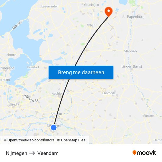 Nijmegen to Veendam map