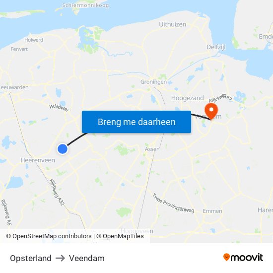 Opsterland to Veendam map