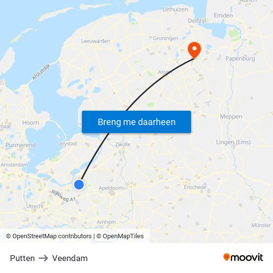 Putten to Veendam map