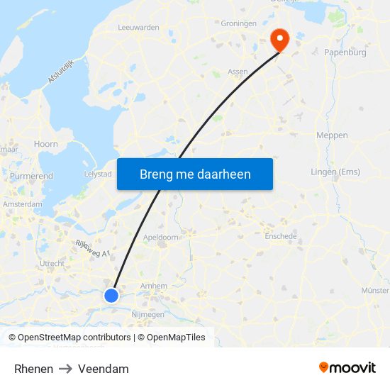 Rhenen to Veendam map