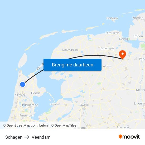 Schagen to Veendam map