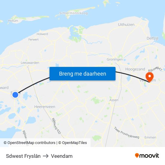 Sdwest Fryslân to Veendam map