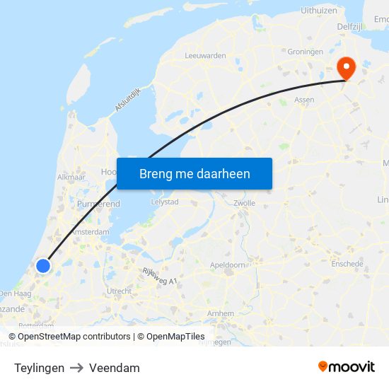 Teylingen to Veendam map