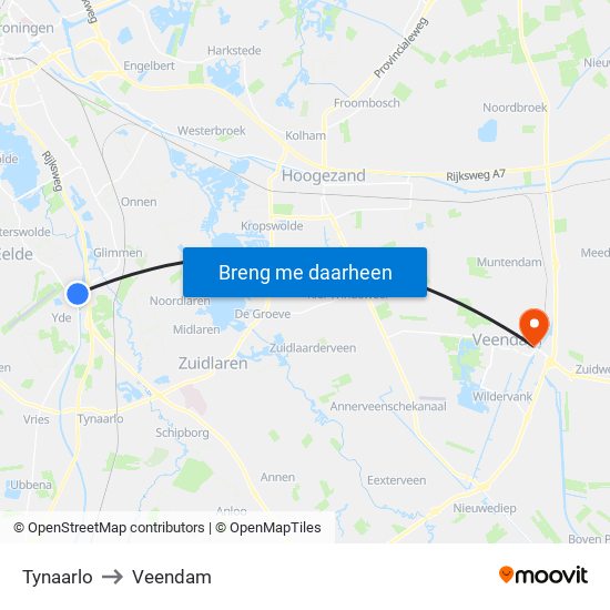 Tynaarlo to Veendam map