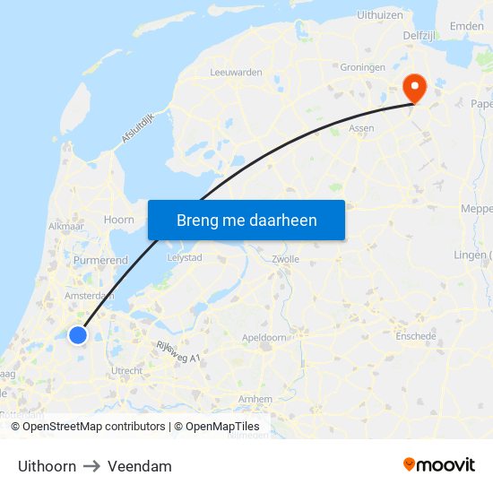 Uithoorn to Veendam map