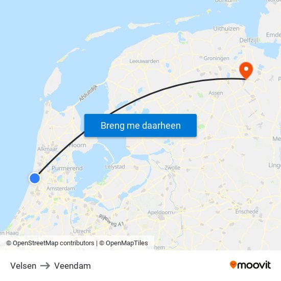 Velsen to Veendam map