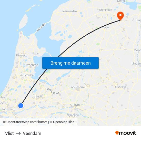 Vlist to Veendam map
