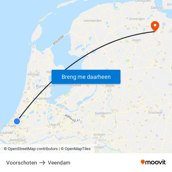 Voorschoten to Veendam map
