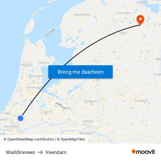 Waddinxveen to Veendam map