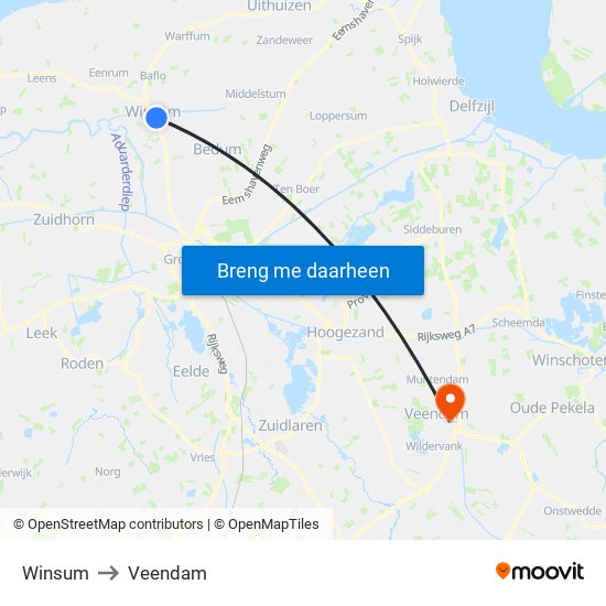 Winsum to Veendam map