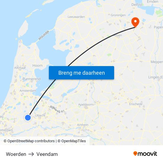 Woerden to Veendam map