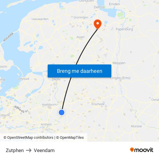 Zutphen to Veendam map