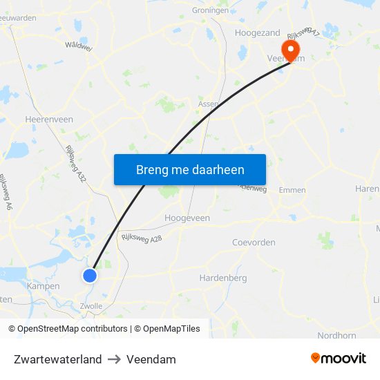 Zwartewaterland to Veendam map