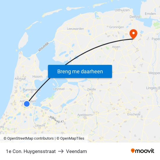 1e Con. Huygensstraat to Veendam map