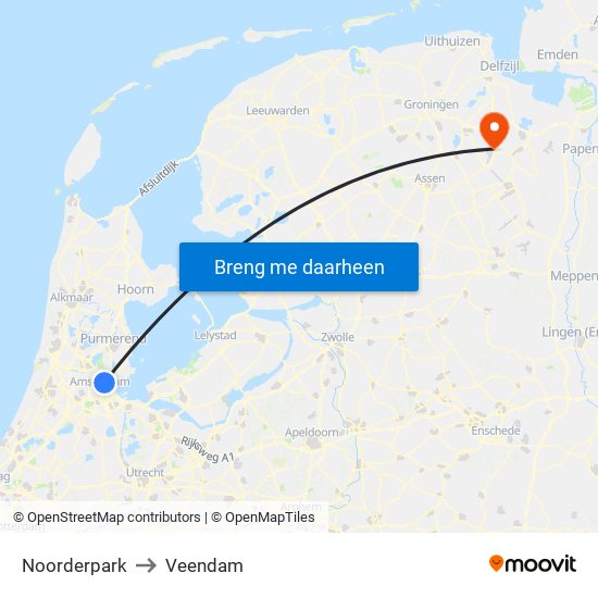 Noorderpark to Veendam map