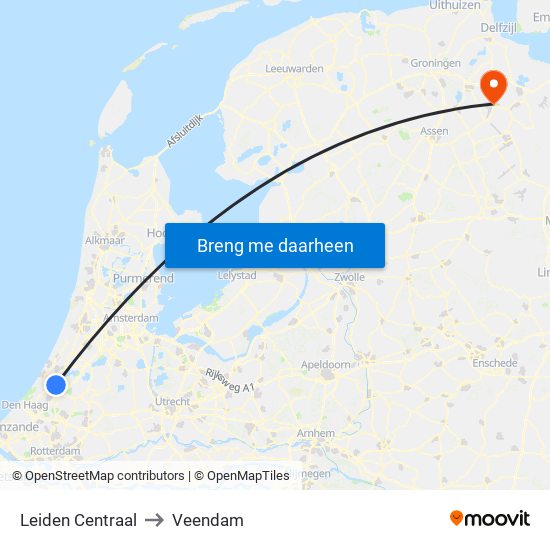 Leiden Centraal to Veendam map