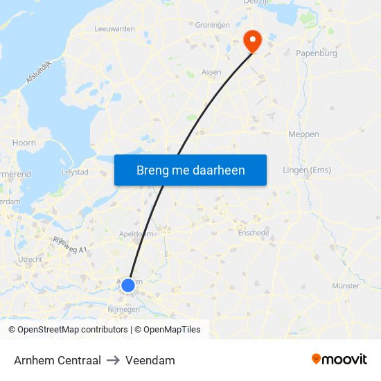 Arnhem Centraal to Veendam map