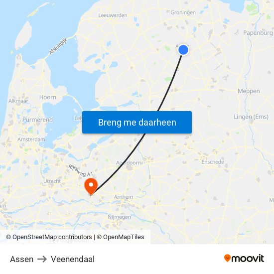 Assen to Veenendaal map