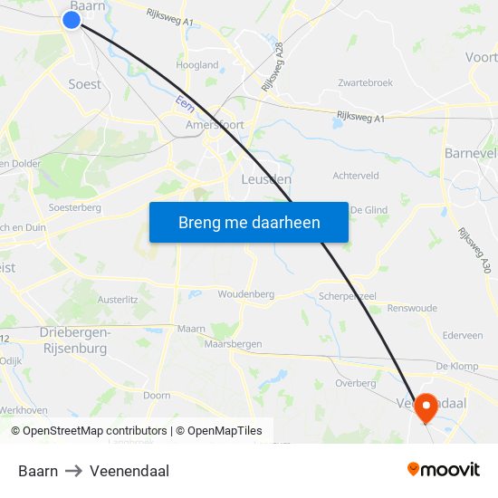 Baarn to Veenendaal map