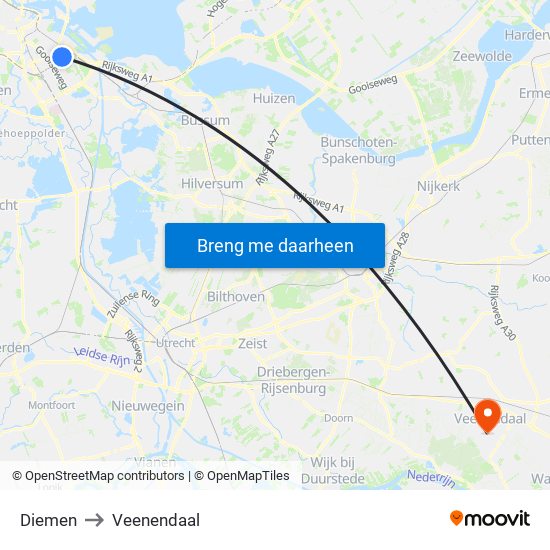 Diemen to Veenendaal map