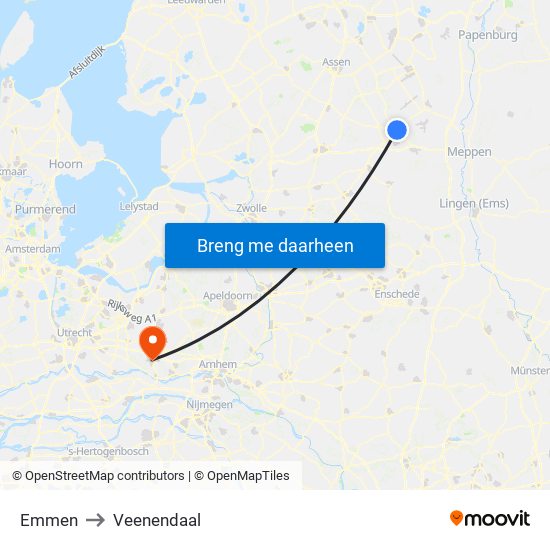 Emmen to Veenendaal map