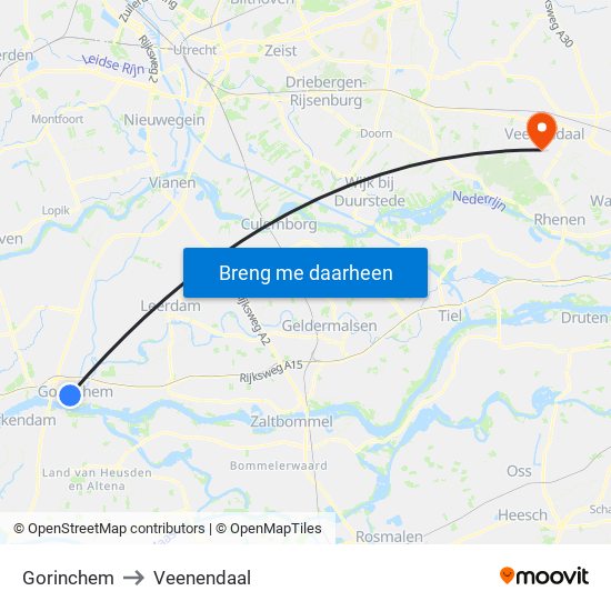 Gorinchem to Veenendaal map