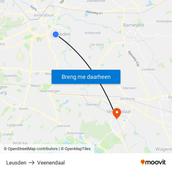 Leusden to Veenendaal map