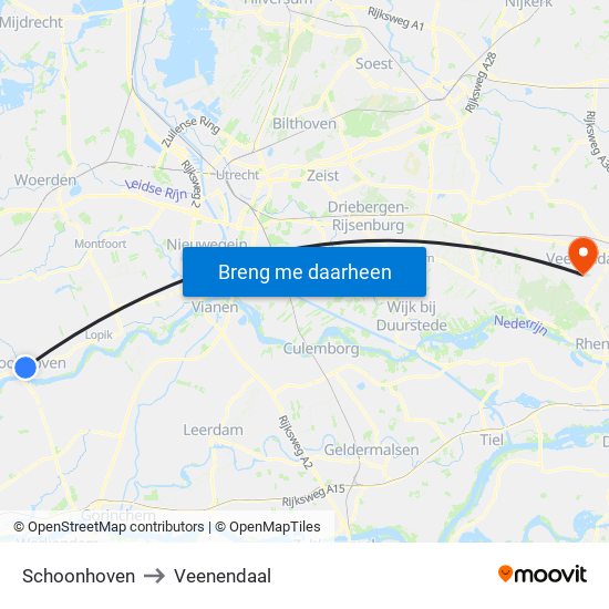 Schoonhoven to Veenendaal map