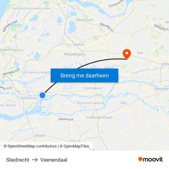 Sliedrecht to Veenendaal map