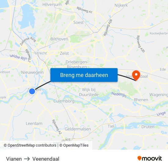 Vianen to Veenendaal map