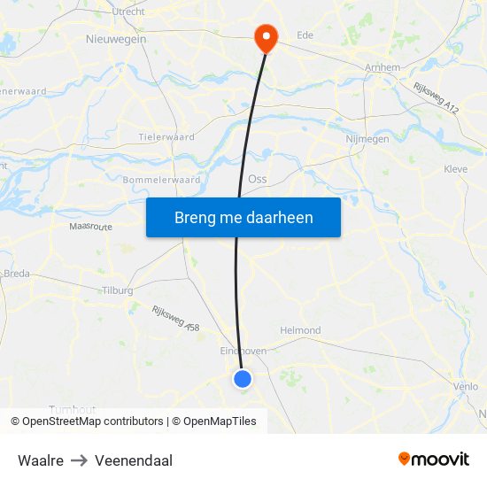 Waalre to Veenendaal map