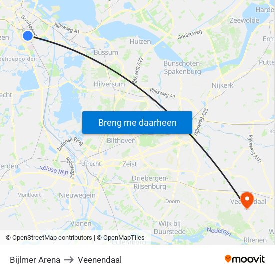 Bijlmer Arena to Veenendaal map