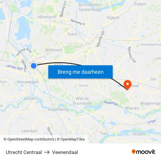 Utrecht Centraal to Veenendaal map