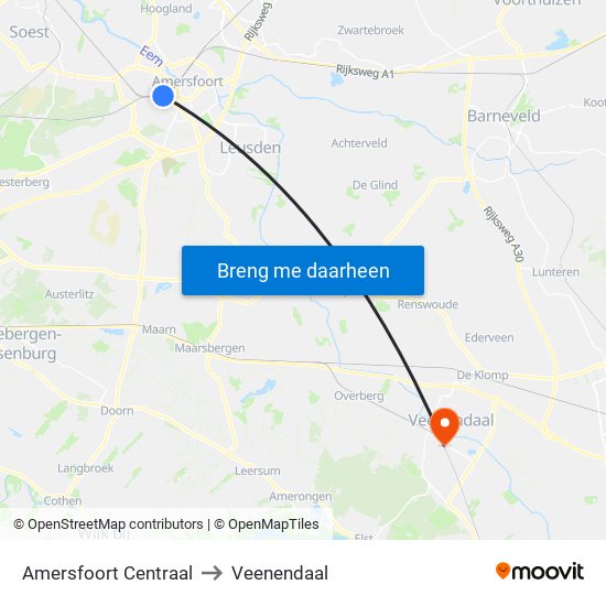 Amersfoort Centraal to Veenendaal map