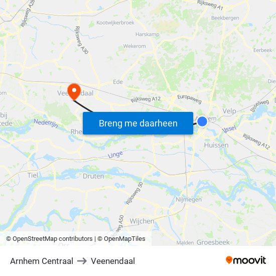 Arnhem Centraal to Veenendaal map