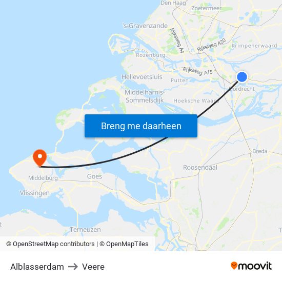 Alblasserdam to Veere map