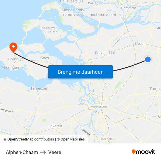 Alphen-Chaam to Veere map