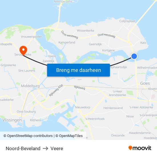 Noord-Beveland to Veere map