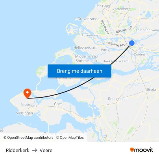 Ridderkerk to Veere map
