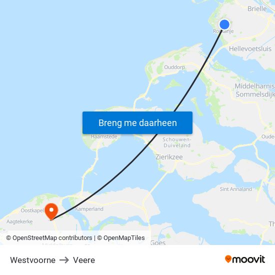 Westvoorne to Veere map