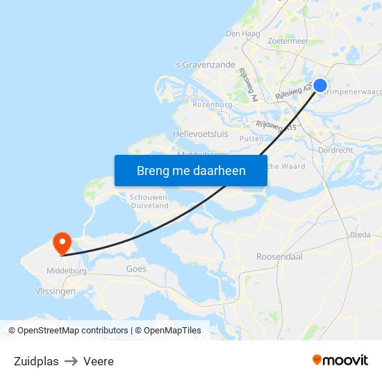 Zuidplas to Veere map
