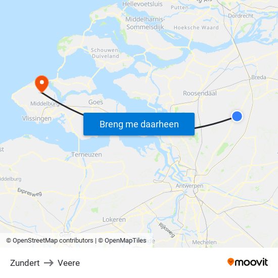 Zundert to Veere map