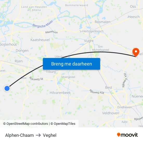 Alphen-Chaam to Veghel map